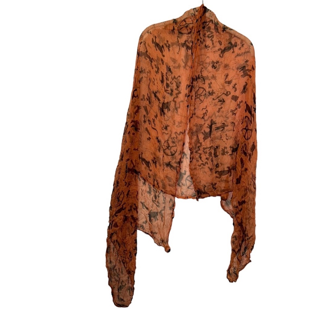 orange black semi sheer hieroglyphics print scarf shawl 
excellent condi…